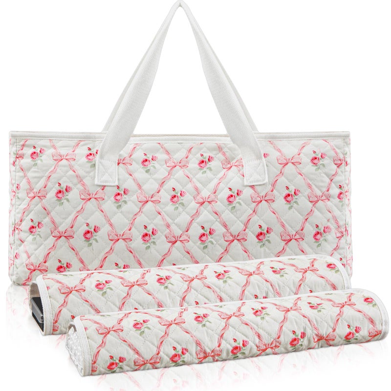 Shinylin 3 Pcs Empty Mahjong Bag Set, Quilted Soft American Mahjong Bag with Cute Floral Pink Bow Printed, 2 Pcs Carrying Bags for Card Racks and Card Pusher (Case Only) - Image 1