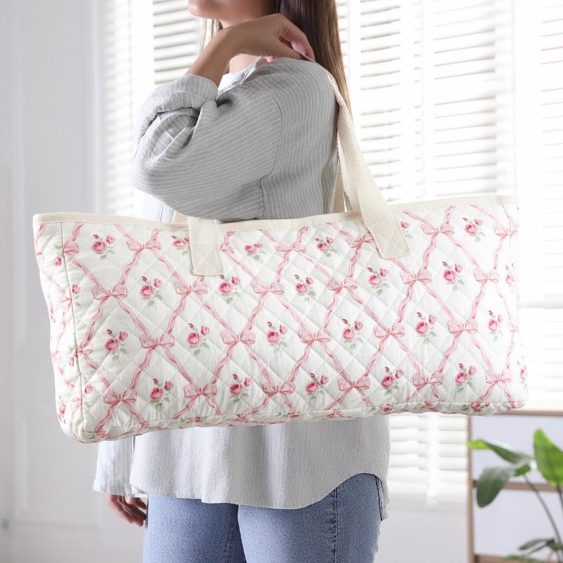 Shinylin 3 Pcs Empty Mahjong Bag Set, Quilted Soft American Mahjong Bag with Cute Floral Pink Bow Printed, 2 Pcs Carrying Bags for Card Racks and Card Pusher (Case Only) - Image 5