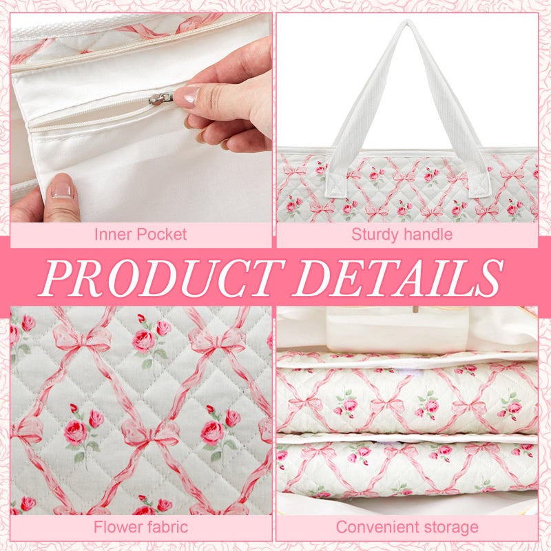 Shinylin 3 Pcs Empty Mahjong Bag Set, Quilted Soft American Mahjong Bag with Cute Floral Pink Bow Printed, 2 Pcs Carrying Bags for Card Racks and Card Pusher (Case Only) - Image 4