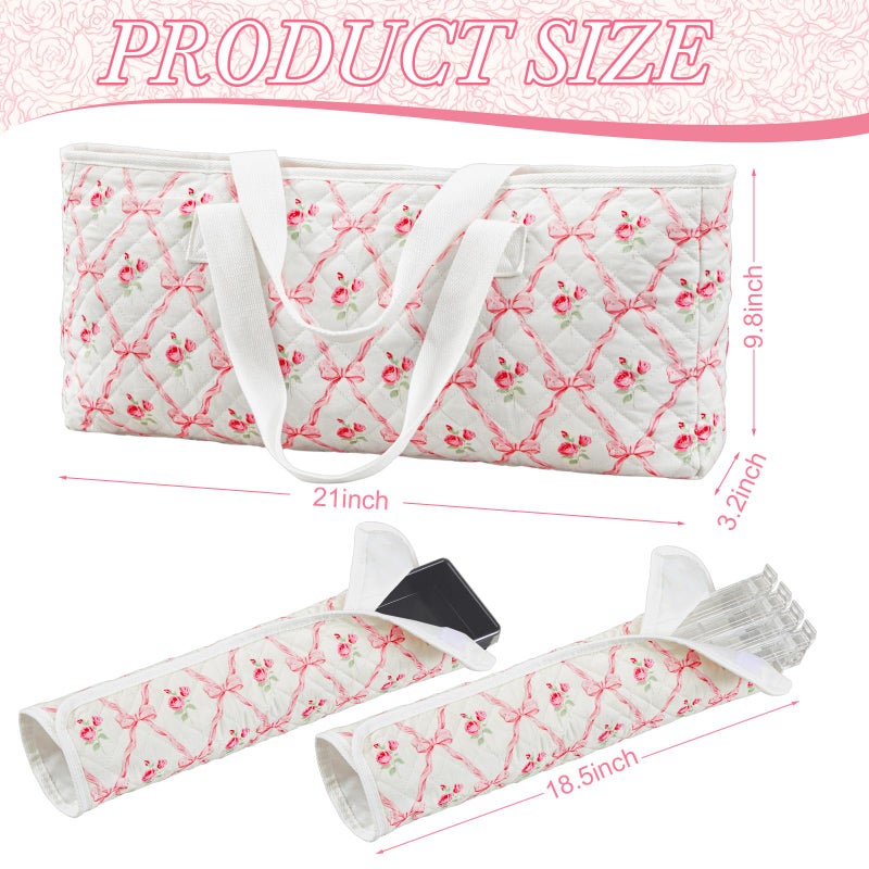 Shinylin 3 Pcs Empty Mahjong Bag Set, Quilted Soft American Mahjong Bag with Cute Floral Pink Bow Printed, 2 Pcs Carrying Bags for Card Racks and Card Pusher (Case Only) - Image 3
