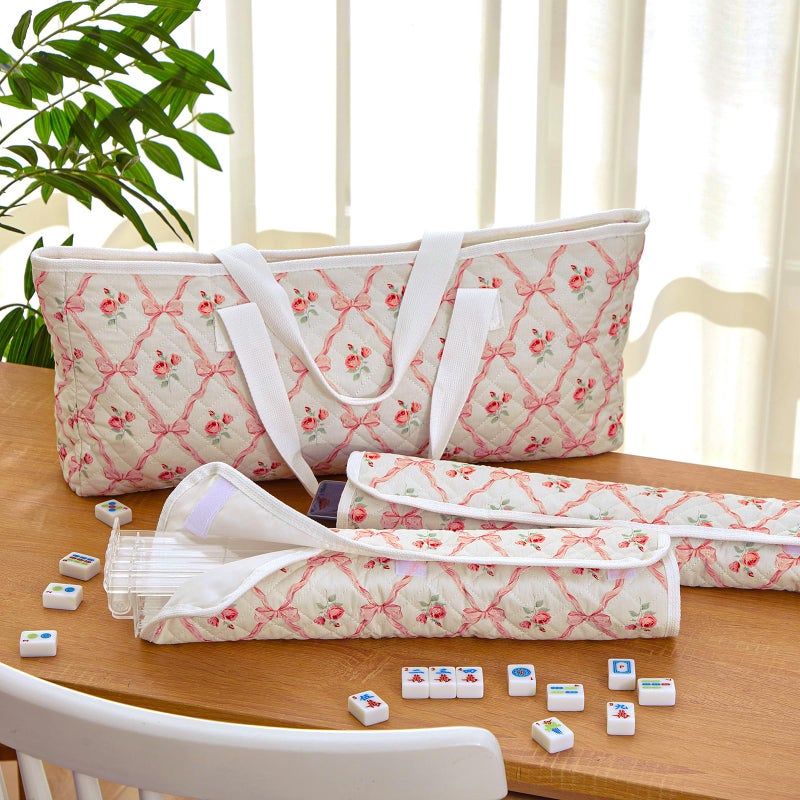 Shinylin 3 Pcs Empty Mahjong Bag Set, Quilted Soft American Mahjong Bag with Cute Floral Pink Bow Printed, 2 Pcs Carrying Bags for Card Racks and Card Pusher (Case Only) - Image 2