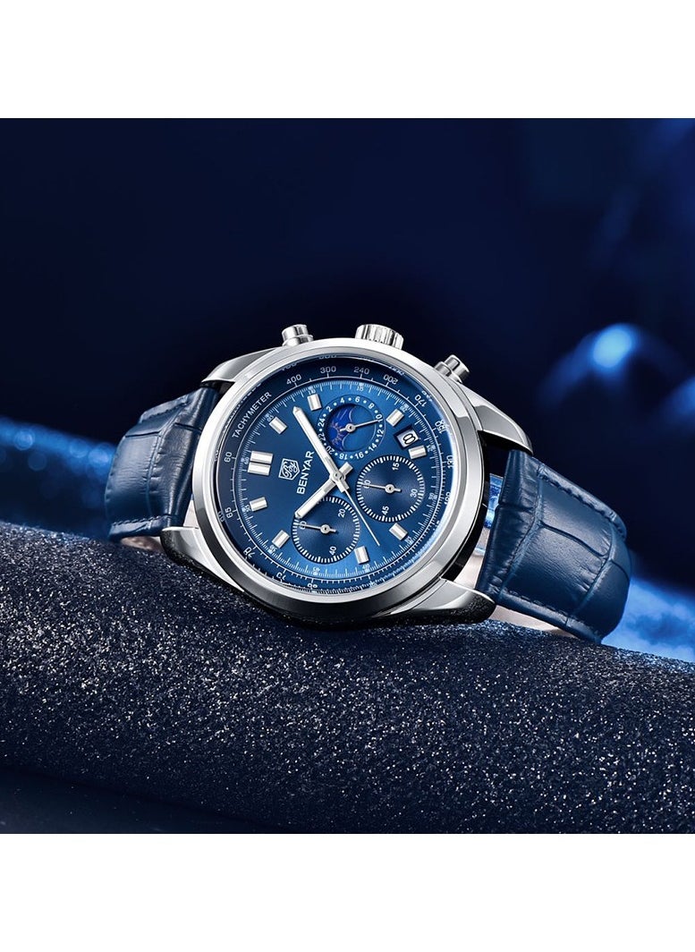 BENYAR - Watches for Men Luxury Quartz Water Resistant Watch Men's Chronograph Genuine Leather Strap 5193 - Image 1