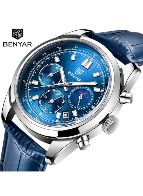 Watches for Men Luxury Quartz Water Resistant Watch Men's Chronograph Genuine Leather Strap 5193