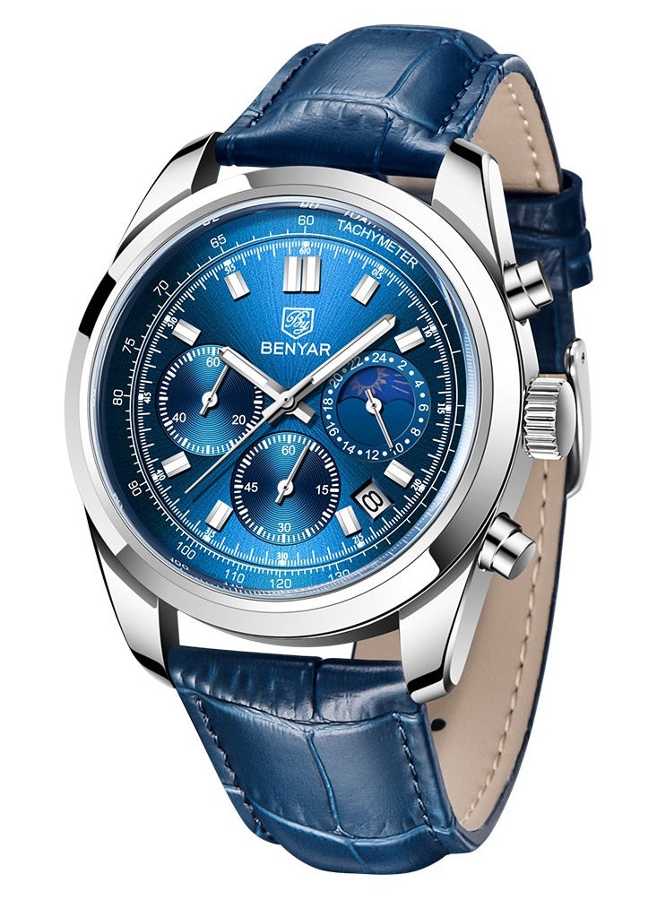BENYAR - Watches for Men Luxury Quartz Water Resistant Watch Men's Chronograph Genuine Leather Strap 5193 - Image 1