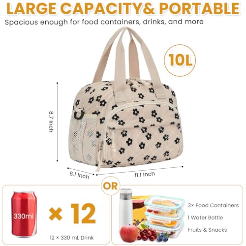 ELONGRIVER Corduroy Insulated Lunch Bag for Women Teen Girls, Portable Adult Lunch Box, Reusable Tote Cooler Bags, Lightweight Womens Lunch Bags with Front Pockets for Work School Picnic Travel,Floral - Image 3