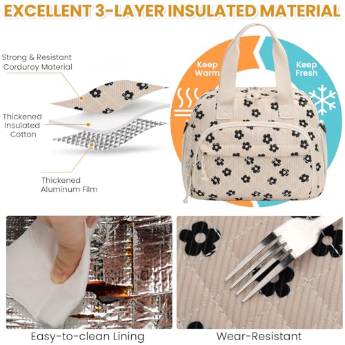 ELONGRIVER Corduroy Insulated Lunch Bag for Women Teen Girls, Portable Adult Lunch Box, Reusable Tote Cooler Bags, Lightweight Womens Lunch Bags with Front Pockets for Work School Picnic Travel,Floral - Image 4