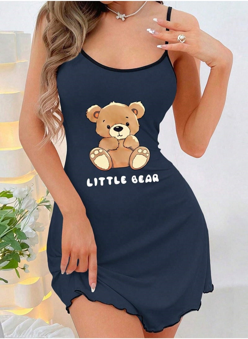 Mesery Sleep Shirt Cotton Thin Strap -  Printed-Navy  - Image 1