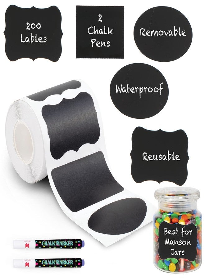 Mantah 200pcs Multiple Shapes Chalkboard Labels with 2 White Chalk Markers, Reusable Waterproof Jar Labels for Storage, Food Containers, Office Use - Image 1