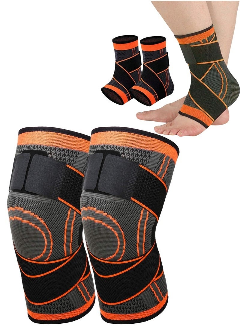 أس تس إل طقم ضغط الركبة وأكمام الركبة المكونة من قطعتين للرجال والنساء - كم دعم الركبة القابل للتعديل للجري وركوب الدراجات وكرة السلة + دعامة الكاحل لتخفيف التهاب اللفافة الأخمصية والكاحل الملتوي، وسادة الركبة السوداء - Image 1