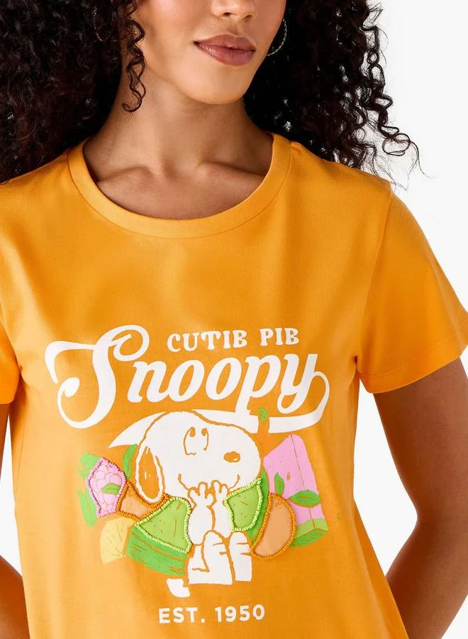 SP Characters  Regular Fit Cotton T-shirt with Snoopy Print for Women | Best Price UAE