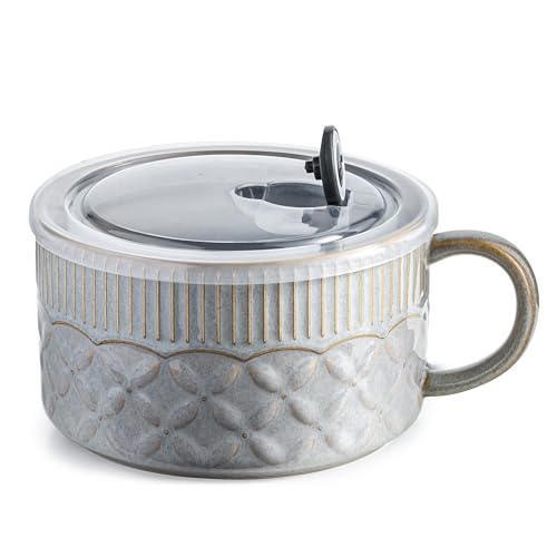 Gomakren Soup Mug with Handle 39oz, Microwave Ramen Bowl with Lid, Ceramic Soup Bowl Container Cup for Ramen Cereal Ice Cream Fruits Office Lunch Dorm, Gray - Image 1