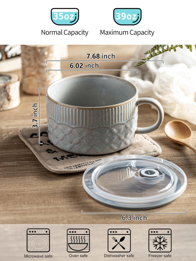 Gomakren Soup Mug with Handle 39oz, Microwave Ramen Bowl with Lid, Ceramic Soup Bowl Container Cup for Ramen Cereal Ice Cream Fruits Office Lunch Dorm, Gray - Image 2