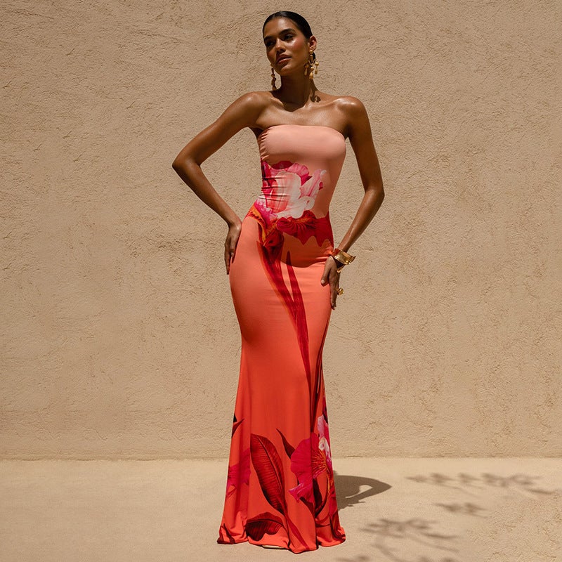 Sexy Printed Bodycon Backless Long Fishtail Dress - Image 2