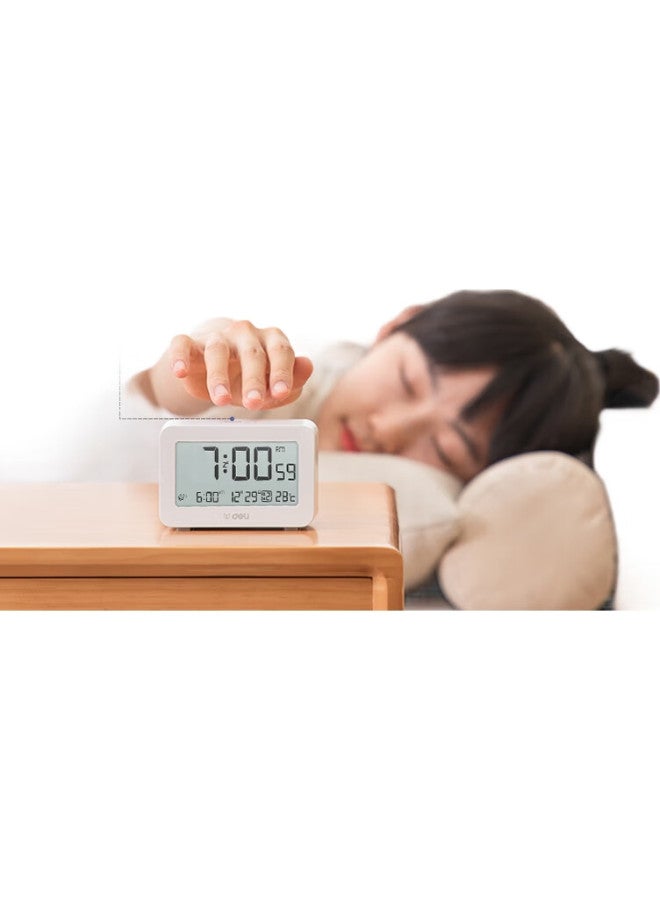Deli Mini Multifunctional Alarm Clock, Dormitory Backlit Electronic Clock, Student-Specific Wake-Up Device, White, 8839 - Image 1