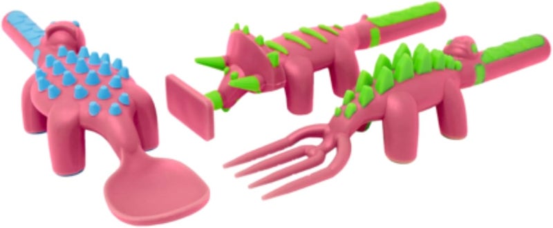 Constructive Eating Plate and Utensils Set - USA-Made Toddler Dinnerware with Divided Plates (Pink Dinosaur) - Image 2