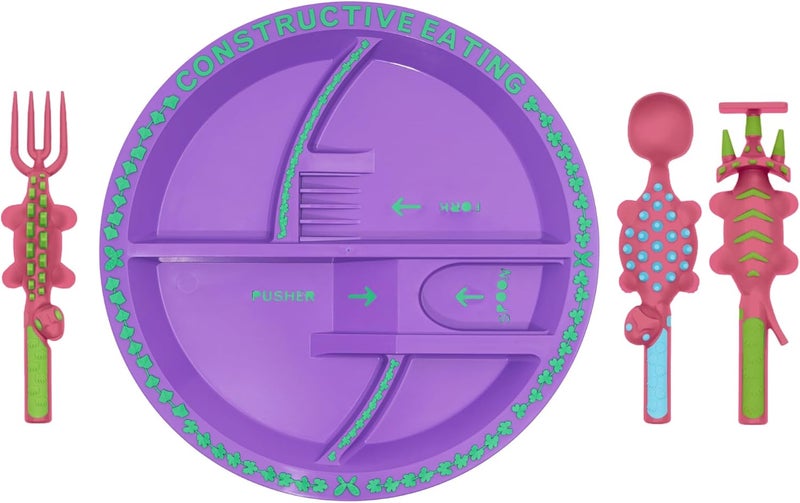 Constructive Eating Plate and Utensils Set - USA-Made Toddler Dinnerware with Divided Plates (Pink Dinosaur) - Image 1