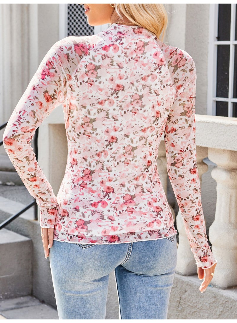 general Dealmore Lace Sheer Long Sleeve Floral Mesh Mockneck Trendy Cute Going Out Tops for Women Fall Fashion Outfits 2025-2026 Clothes - Image 2