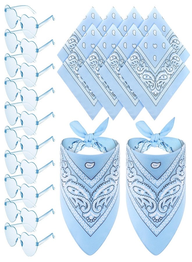 هانايف مجموعة هانايف المكونة من 12 قطعة من مناديل الرأس بنقشة بيزلي ونظارات على شكل قلب، مناديل رأس مبتكرة بدون إطار ونظارات شمسية شفافة على شكل قلب للنساء والرجال (أزرق فاتح) - Image 1