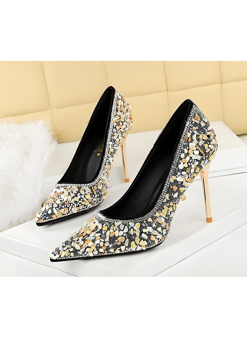 بيج تري المضخات الراينستون المرأة السكينات مغلقة إصبع القدم عالية الكعب الأسود 9.5CM - Image 1