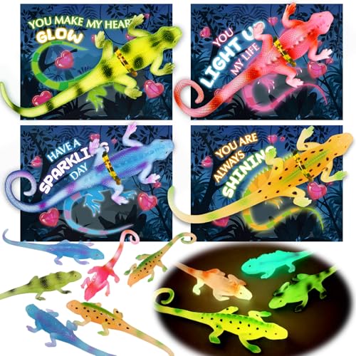 Letapapa Valentines Day Cards for Kids School 24 Pack Valentines Cards with Glow In The Dark Lizard Valentines Day Gifts for Kids Classroom Exchange Valentines Party Favors Prizes for Boys Girls - Image 1