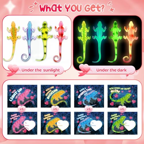 Letapapa Valentines Day Cards for Kids School 24 Pack Valentines Cards with Glow In The Dark Lizard Valentines Day Gifts for Kids Classroom Exchange Valentines Party Favors Prizes for Boys Girls - Image 5
