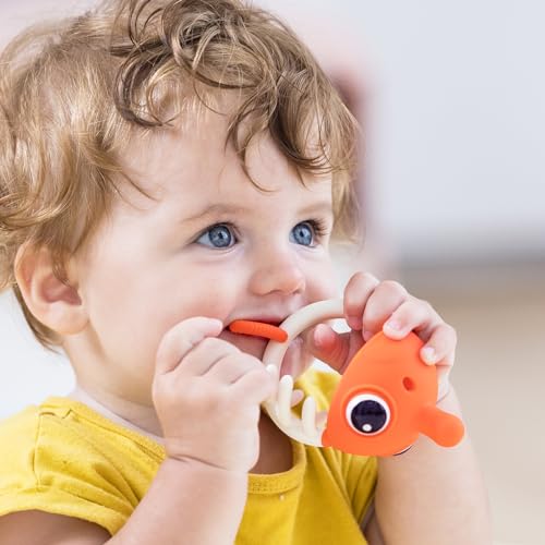Mombella Teething Toys 3-6 Months, Mombella Clownfish Teethers for Babies 6-12 Months, Soft Silicone Baby Teether Toys with Anti Drop Clip, Baby Chew Toys 6 to 12 Months, Infant Teething Relief Toy, Orange - Image 2