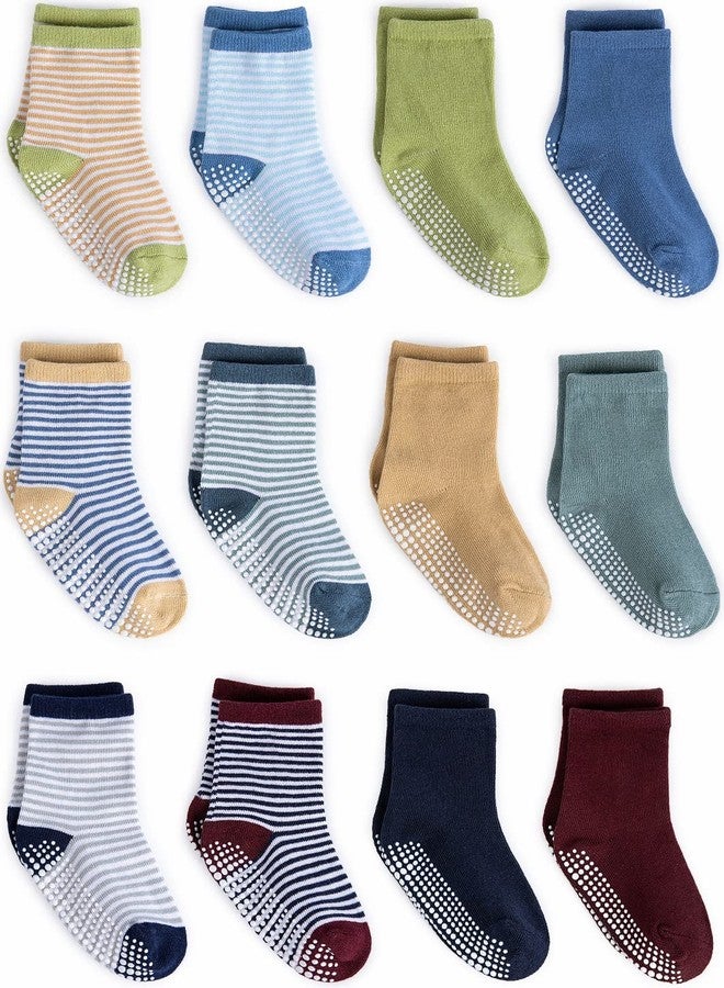 ZAPLES Baby Boys Non Slip Grip Crew Socks with Anti Skid Soles for Infants Toddlers Kids, Stripes Assort, 12-36 Months - Image 1