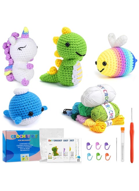 TecoKart 4Pcs Crochet Set Animals Series Crochet Kit for Beginners Adults and Kids DIY Kit with Tools and StepbyStep Video Guide