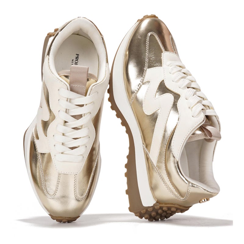 Project Cloud Trendy Fashion Sneakers for Women 2026 - Memory Foam and Non-Slip Comfortable Casual Ladies Shoes for Womens Fashion Sneakers - Lightweight Lace-up Shoes (LECCO, Gold, 6)