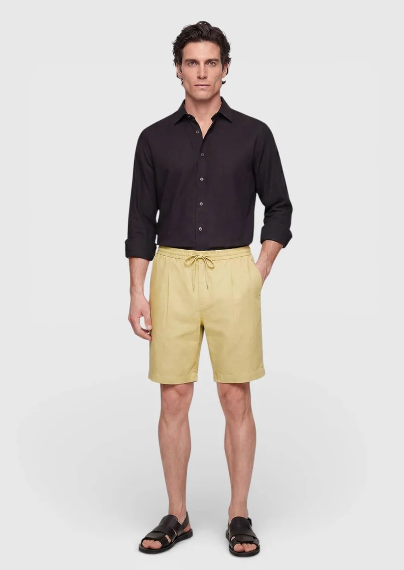 RAMSEY Oil Green Weaving Jogging Fit Casual Linen Blended Bermuda