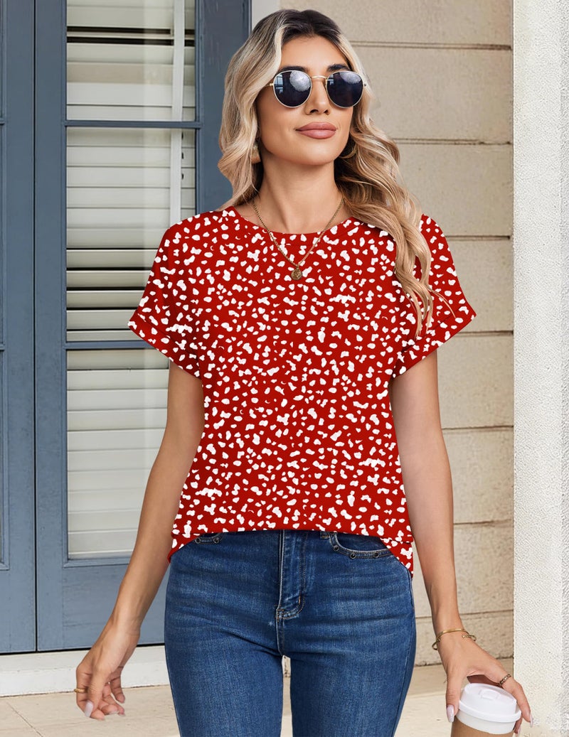Zeagoo Blouses for Women Dressy Casual Short Sleeve Red Polka Dot Top Crew Neck Cute Shirts Spring Work Outfits XL - Image 3
