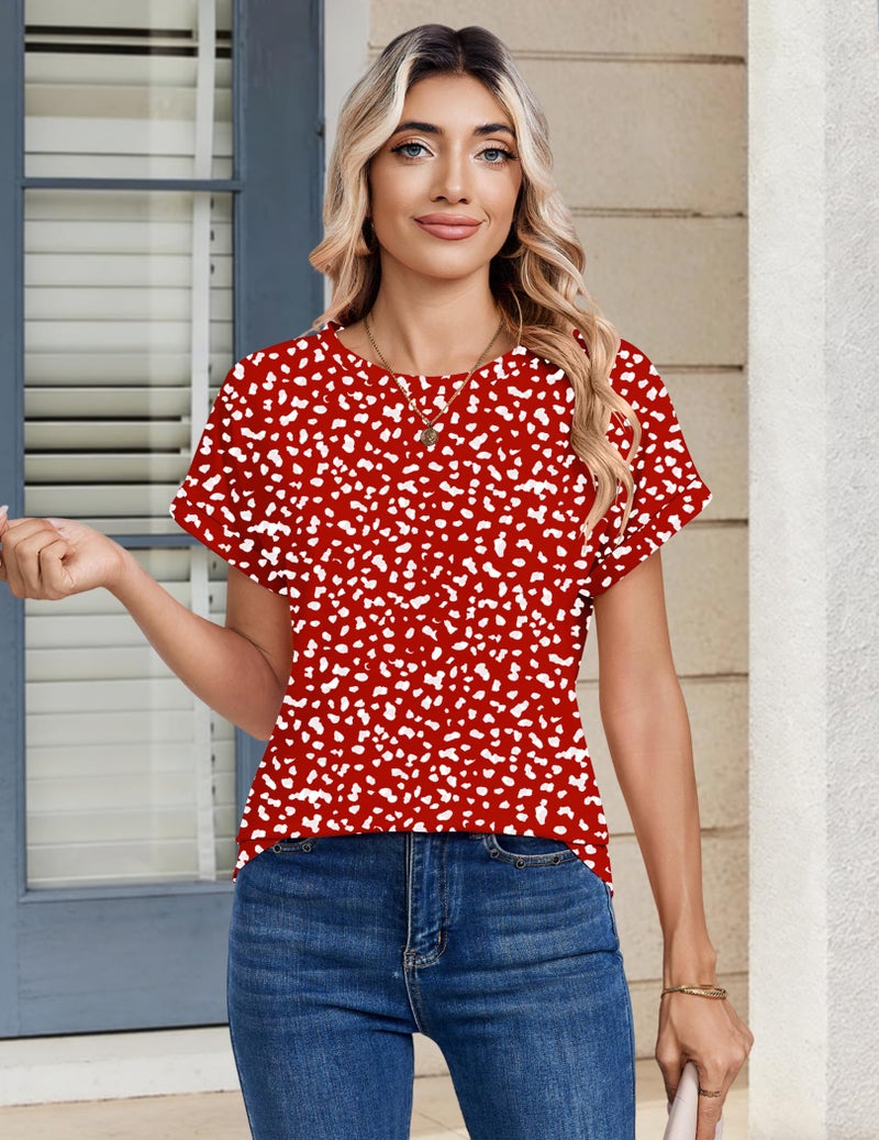 Zeagoo Blouses for Women Dressy Casual Short Sleeve Red Polka Dot Top Crew Neck Cute Shirts Spring Work Outfits XL - Image 2