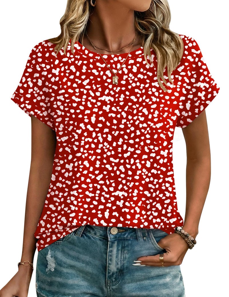 Zeagoo Blouses for Women Dressy Casual Short Sleeve Red Polka Dot Top Crew Neck Cute Shirts Spring Work Outfits XL - Image 1