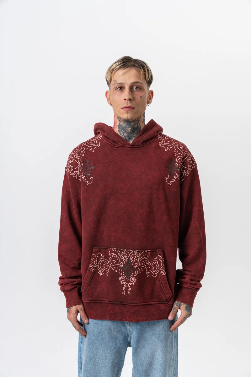 RESPIRE Men’s 10 Printed Washed Oversize Hoodie Burgundy