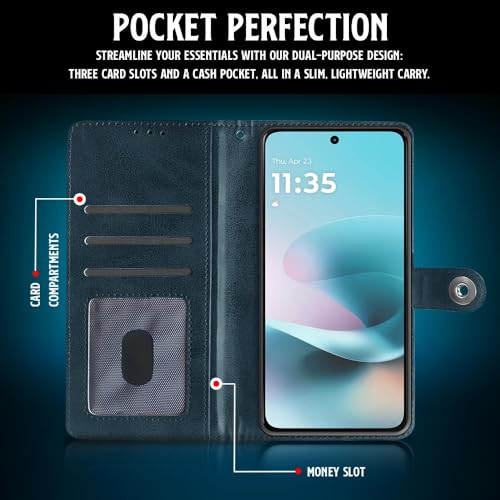 WOW IMAGINE Shock Proof Flip Cover Back Case for Motorola Moto G67 Power | G57 Power 5G (Magnetic Button Flip Case | Wallet Pockets & Stand | Leather Finish | Oxford Blue) - Image 3