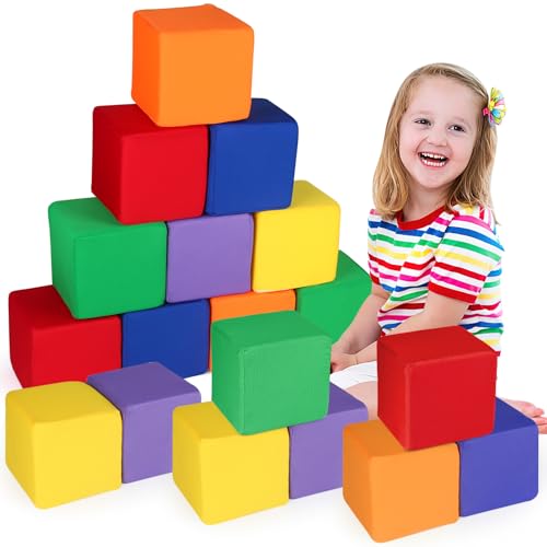 UHAPPYEE Foam Blocks for Toddlers 18 PCS 55 inch Foam Soft Cubes for Kids Colourful Building Blocks Stacking Block Sets Throwing Toys - Image 1