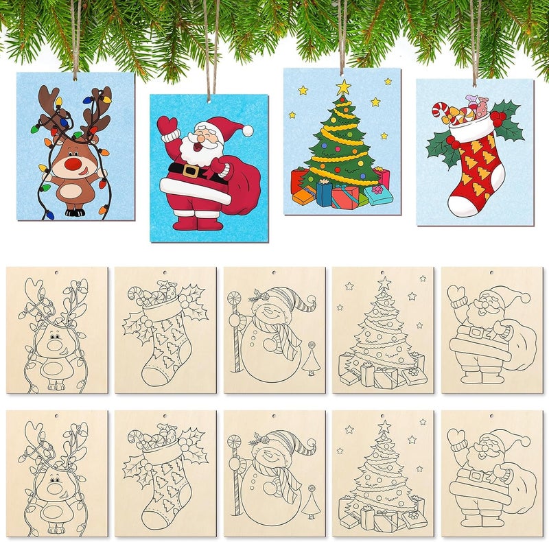 Curious Button Pack of 10 Christmas Truck Wooden Craft Painting Set | Unfinished Wood Slices with Xmas Tree Design | DIY Paintable Ornaments for Kids & Adults | Bulk Craft Supplies 12x15 cm - Image 1
