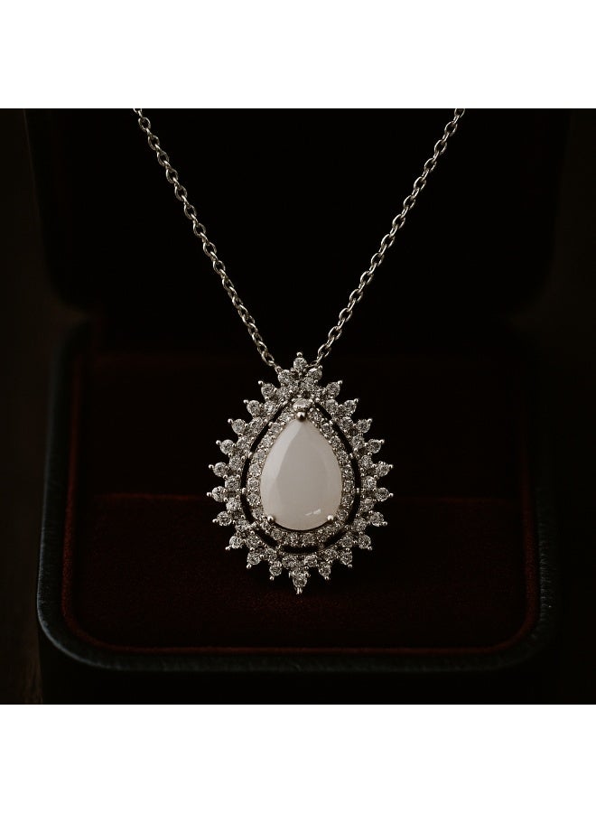 3Diamonds Platinum & Rhodium Teardrop Necklace with White Center Stone – Luxurious Women’s Zircon Pendant - Image 1