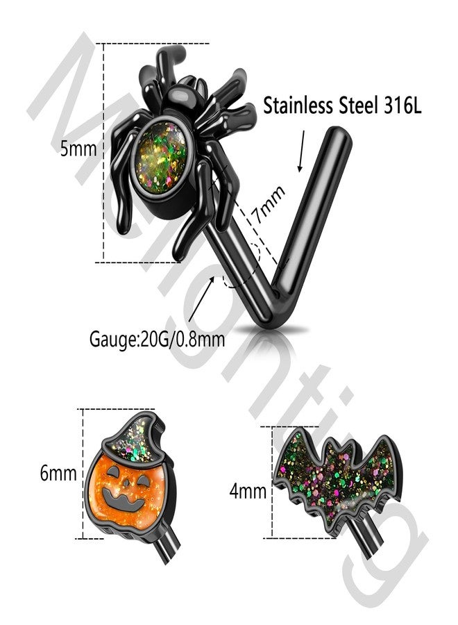 Melighting MeIighting 3PCS 20G Black Nose Studs L-shaped, 7mm Halloween Nostril Piercing Jewelry, 316L Stainless Steel Bat Spider Pumpkin Nose Rings for Women - Image 5