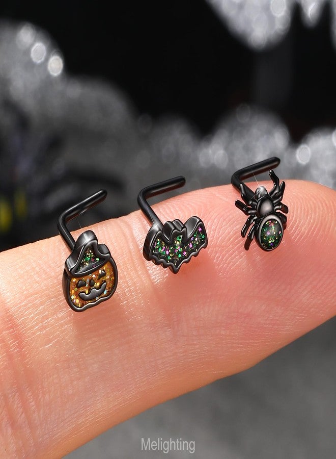 Melighting MeIighting 3PCS 20G Black Nose Studs L-shaped, 7mm Halloween Nostril Piercing Jewelry, 316L Stainless Steel Bat Spider Pumpkin Nose Rings for Women - Image 2