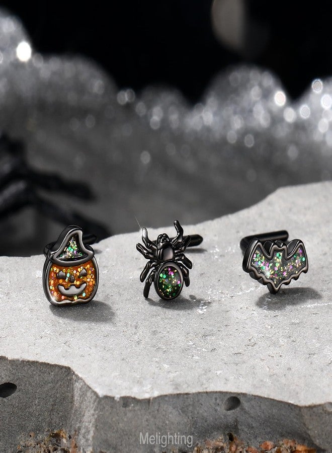 Melighting MeIighting 3PCS 20G Black Nose Studs L-shaped, 7mm Halloween Nostril Piercing Jewelry, 316L Stainless Steel Bat Spider Pumpkin Nose Rings for Women - Image 3