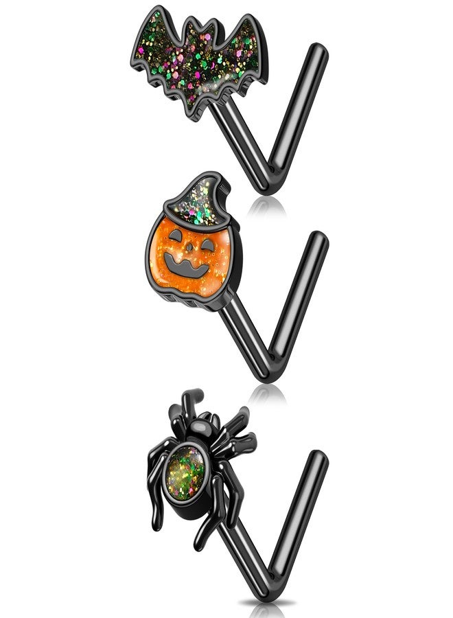 Melighting MeIighting 3PCS 20G Black Nose Studs L-shaped, 7mm Halloween Nostril Piercing Jewelry, 316L Stainless Steel Bat Spider Pumpkin Nose Rings for Women - Image 1