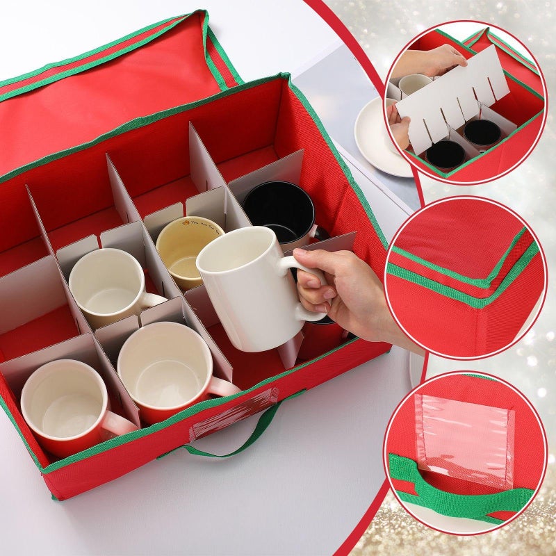 Chunful 2 Pcs Mug Storage Box with Adjustable Divider Christmas Holiday China Storage Organizer Holder for Coffee Mug Cup Christmas Container with Lid Handle Label Window for Moving Supplies, Hold 24 - Image 4