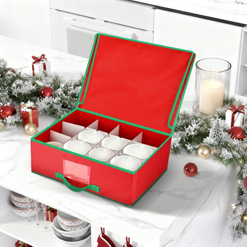 Chunful 2 Pcs Mug Storage Box with Adjustable Divider Christmas Holiday China Storage Organizer Holder for Coffee Mug Cup Christmas Container with Lid Handle Label Window for Moving Supplies, Hold 24 - Image 3