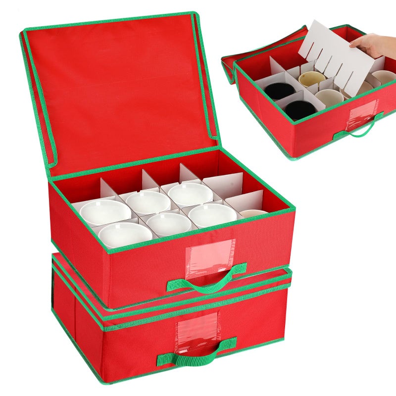 Chunful 2 Pcs Mug Storage Box with Adjustable Divider Christmas Holiday China Storage Organizer Holder for Coffee Mug Cup Christmas Container with Lid Handle Label Window for Moving Supplies, Hold 24 - Image 1