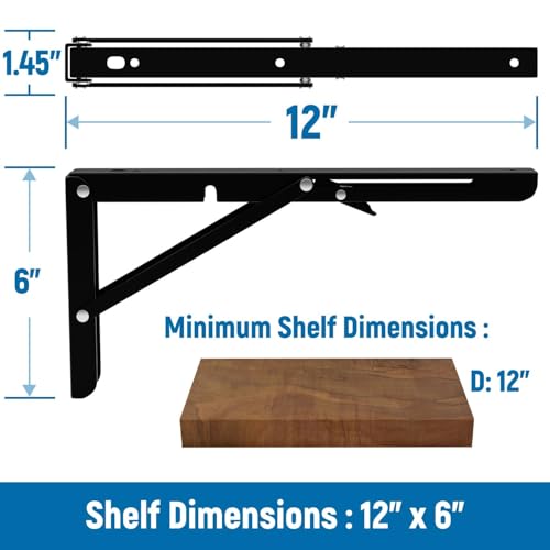 LEOPO 12 inch Folding Shelf Brackets2 Pack Foldable Heavy Duty Triangle Collapsible Wall Mounted Brackets for Fold Down Table Space Saving for Bench Table with Screws Black - Image 3
