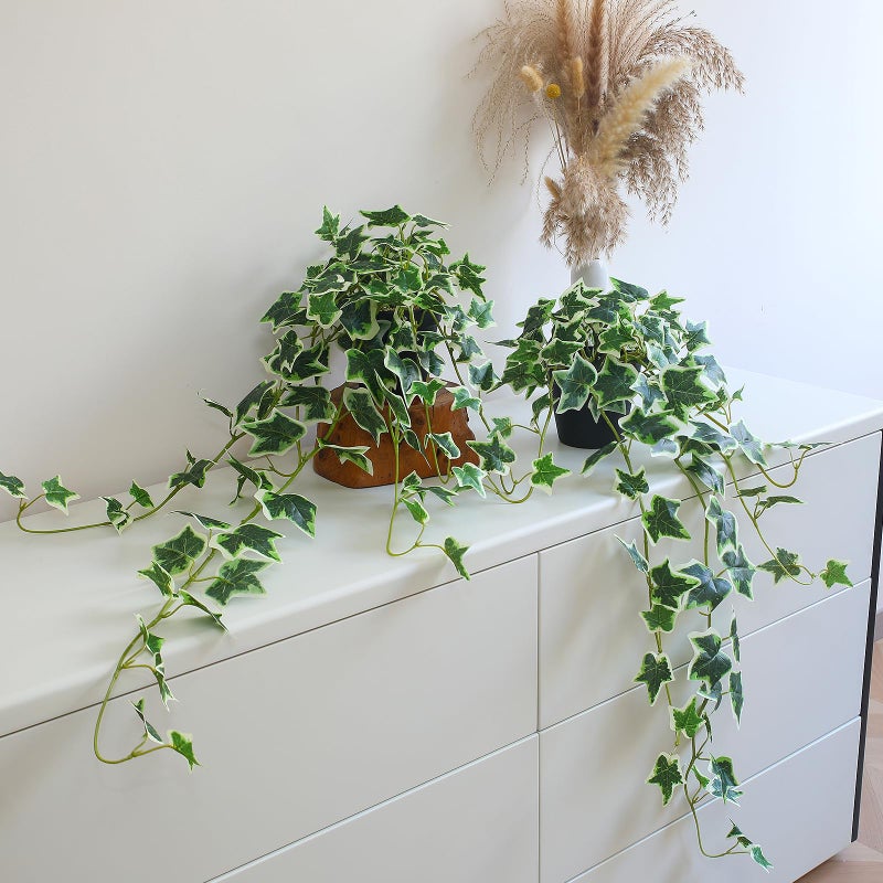 alyptus Fake English Ivy Plants in Pots Set of 2 â€“ Realistic Artificial Ivy Greenery for Home Decor, Tabletop, Office, Shelf, Balcony, Lifelike Faux Hanging Vines, No Maintenance Required - White and Green - Image 1