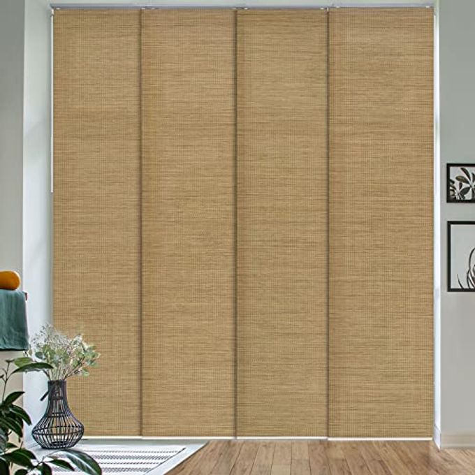 ADJUSTABLE VERTICAL BLINDS FOR WINDOWS PANEL TRACK BLINDS FOR SLIDING CLOSET DOORS EXTENDABLE TRACK FROM 458 TO 86 W TRIMMABLE PANEL CURTAINS UP TO 96 H PECAN