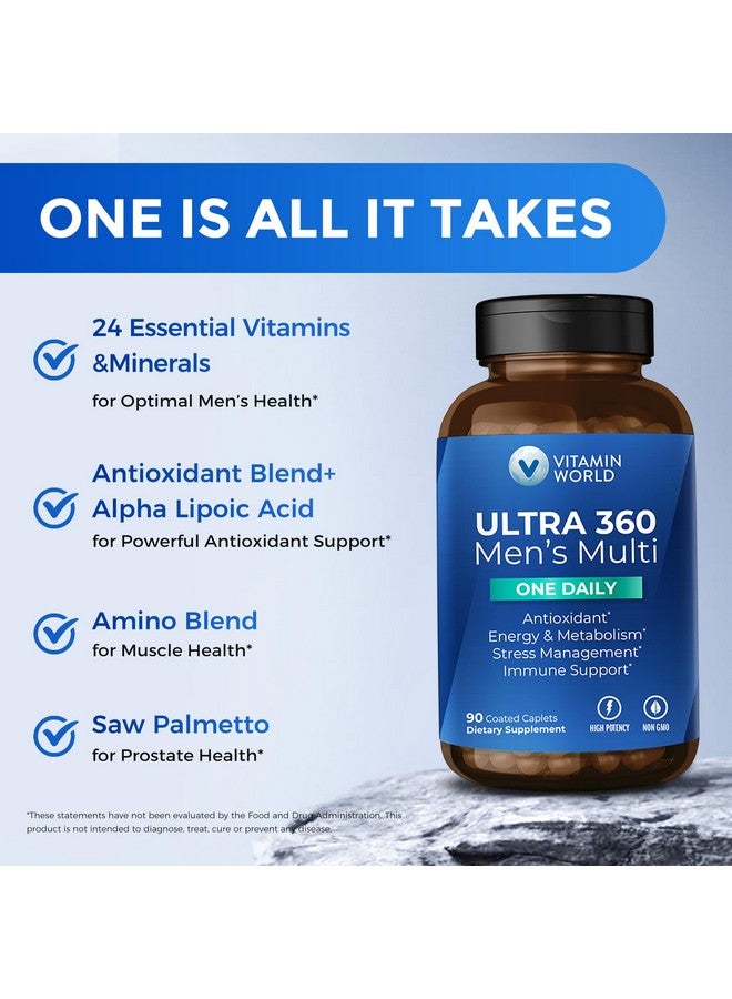 VITAMIN WORLD فيتامين وورلد ألترا 360 متعدد الفيتامينات للرجال يوميًا، متعدد الفيتامينات للرجال مع المعادن والأعشاب ومضادات الأكسدة، مكمل يومي مع فيتامين أ، ج، د، هـ والزنك لدعم الطاقة والمناعة، 90 قرصًا - Image 3