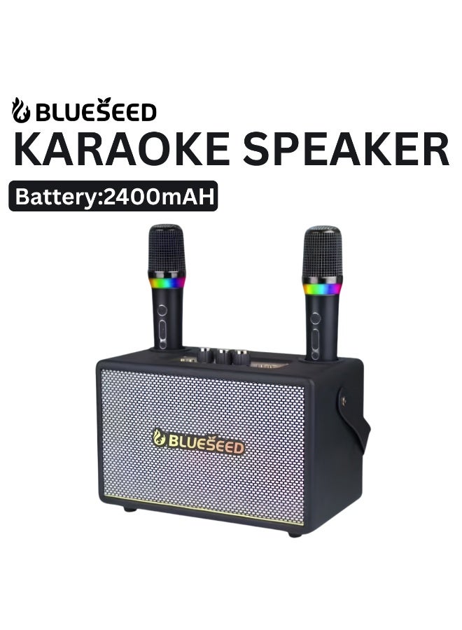 BLUESEED مكبر صوت كاريوكي BLUESEED BS-401، نظام كاريوكي بلوتوث بقوة 100 واط مع ميكروفونين لاسلكيين مزدوجين، مدخل USB/TF/AUX، تصميم صندوق خشبي، مكبر صوت كاريوكي منزلي بأسلوب عتيق - Image 1